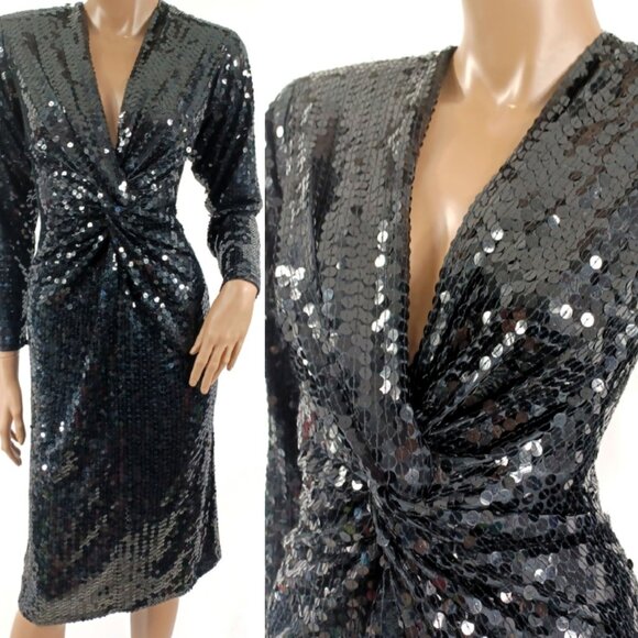 Oleg Cassini Dresses & Skirts - BLACK TIE? Oleg Cassini Twist Front LS V Neck All Sequin Sheath Party Dress 10